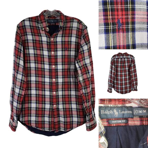 Polo Ralph Lauren Shirt Men's Medium Lined Flannel Red Plaid Long Sleeve Button - Picture 1 of 9